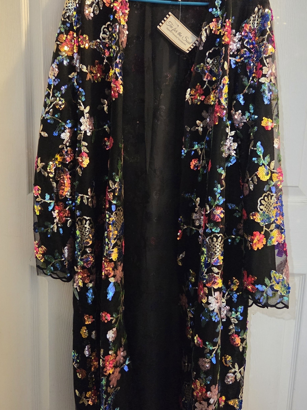Embroidered Floral Sequin Kimono Robe - Black Multicolor